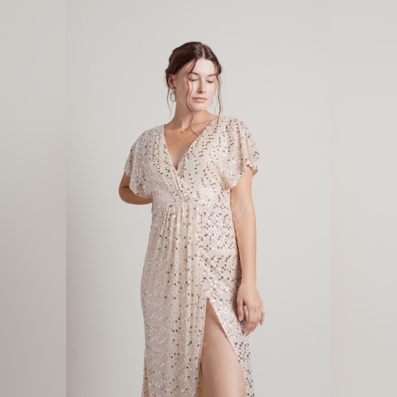 Tobi - DREAMING OF YOU TONIGHT SILVER BEIGE SEQUIN FORMAL MAXI DRESS, Size Small - Picture 2 of 3
